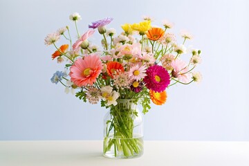 Fototapeta premium Beautiful and simple bouquet of colorful spring flowers in a vase with water, on a flat background.
