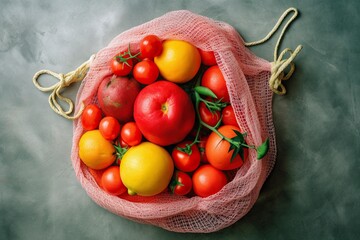 Basket full of red and orange fruits and vegetables.
