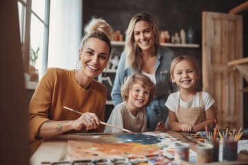 In art class, a mother shows her children how to paint, they have fun and laugh while posing.