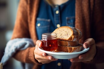 In detail, a woman holds toast with jam on a plate. Breakfast or snack with a high glucose index.