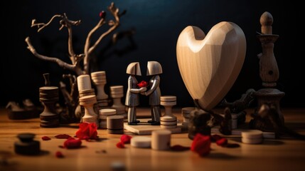 A couple of figurines standing next to a wooden heart. Low key, dark background. - obrazy, fototapety, plakaty