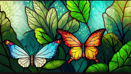 Tło, tapeta w postaci witrażu z kolorowymi motylami i zieloną roślinnością - obrazy, fototapety, plakaty