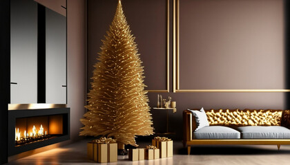 A room with a modern decor with a golden Christmas tree, brown walls and a golden sofa