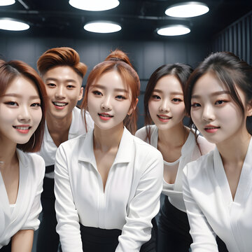 Backstage Kinship: K-Pop Group Sharing Excitement Before a Show. generative AI
