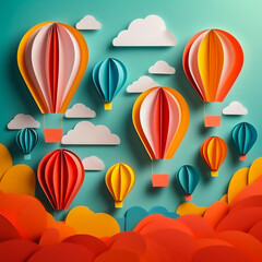 Hot Air Balloons shaped illustration made of paper on the abstract background.