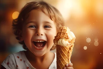 Rolgordijnen A Portrait of kid eating ice cream, Happiness, Premium Quality Image, Hd Wallpaper © Pasindu