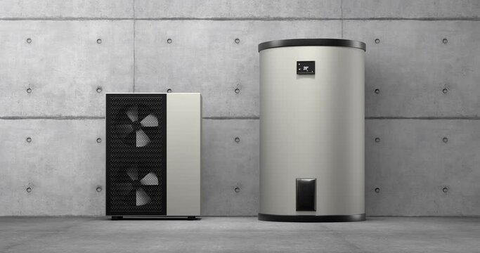 rotating fan of a heat pump energy as a heater and alternative energy with storage tank - 3D Animation 4k 60 fps DCI seamless loop