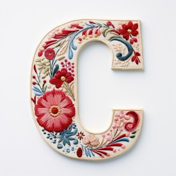 A close up of the letter c with flowers on it. Embroidery effect, floral design.