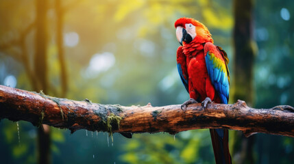 Red parrot Scarlet Macaw, Ara macao, bird sitting on the branch, Colombia. Wildlife scene from tropical forest. Beautiful parrot on green tree in nature habitat.