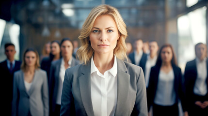 DECISIVE LEADER BUSINESSWOMAN WITH A GROUP, CLOSE-KNIT TEAM, COLLEAGUES. legal AI