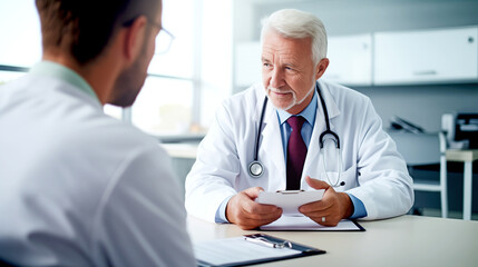 MATURE MALE DOCTOR TALKING TO A PATIENT. legal AI	
