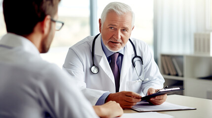 MATURE MALE DOCTOR TALKING TO A PATIENT. legal AI	