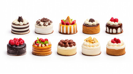 Set of different delicious cakes isolated on white.