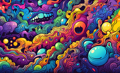Colourful abstract illustration of a hallucinogenic state of mind. Artistic expression of a trippy mood. - obrazy, fototapety, plakaty