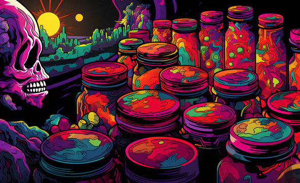Colourful abstract trippy illustration of a skeleton looking over colourful jars with hallucinogenic substance.
