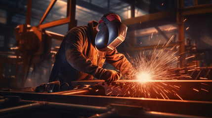 Welder erecting technical steel. Industrial steel welder in factory technical.