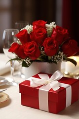 Romantic dinner setting with red roses and gift box on table.Valentine's Day Concept