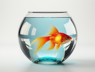A goldfish in a fish bowl on a white surface. - obrazy, fototapety, plakaty
