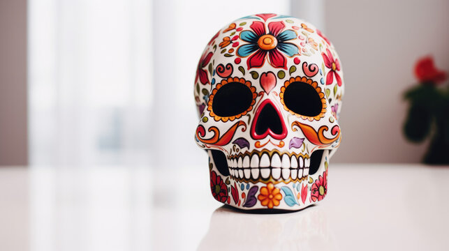 Beautiful and colorful Mexican skull isolated, made of ceramic, and painted by hand. White background. Traditional mexican skull for the Day of the Deads.