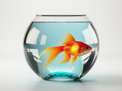 A goldfish in a fish bowl on a white surface.