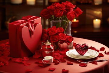 Romantic dinner setting with red roses and gift box on table.Valentine's Day Concept