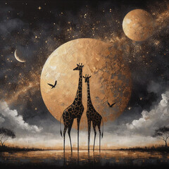 Мodern abstract gold painting of lovely couple giraffe at night galaxy sky moon. The texture of the oriental style of gray and gold canvas. Generative AI. - obrazy, fototapety, plakaty