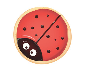 Cute baby round cookies with a drawn ladybug character, confectionery icing and chocolate on transparent background