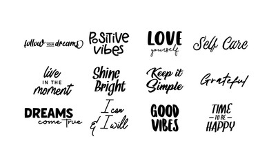 Motivational quotes. Lettering design. Inspirational phrases. Positive thinking. Love yourself and good vibes.