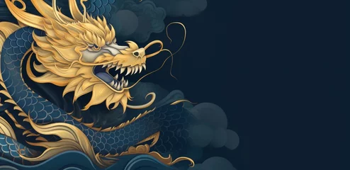 Fotobehang Happy New Year, 2024, Blue Dragon, Zodiac sign year of the Blue Dragon, Happy Chinese New Year 2024 Zodiac sign Dragon on Blue background © VeloonaP