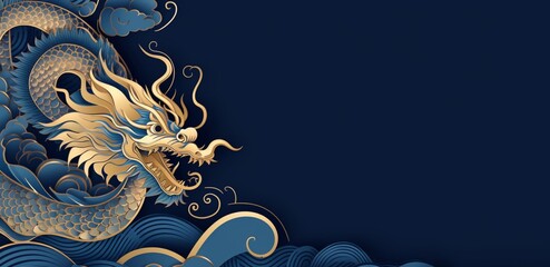 Happy New Year, 2024, Blue Dragon, Zodiac sign year of the Blue Dragon, Happy Chinese New Year 2024 Zodiac sign Dragon on Blue background - obrazy, fototapety, plakaty