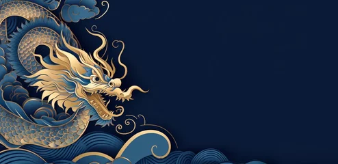 Fotobehang Happy New Year, 2024, Blue Dragon, Zodiac sign year of the Blue Dragon, Happy Chinese New Year 2024 Zodiac sign Dragon on Blue background © VeloonaP