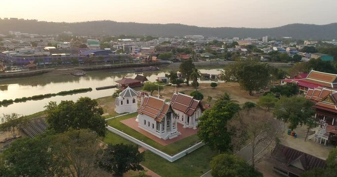 Aerial landscape of Wat Uposatharam Or Wat Bot Manorom, located on Thepo Island along the Sakae Krang River, is an important temple of Uthai Thani Province, Thailand.