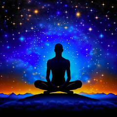 Fototapeta na wymiar Transcendental chakras, cosmic meditation, human silhouette. Concept of meditation, spirituality, enlightenment