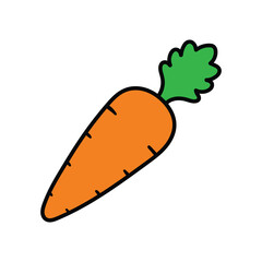 A hand-drawn cartoon doodle icon of a carrot with a leaf on a white background.