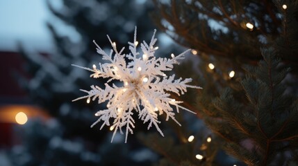 A frosty snowflake ornament elegantly hanging on a Christmas tree, embodying the serene beauty of the winter season.