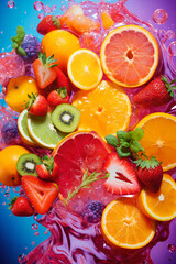 fruits mix with water splashes, on color background, fresh and healthy food
