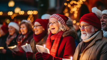 Christmas Harmony  people in Santa hats, united in song under the glow of a beautifully decorated Christmas tree.