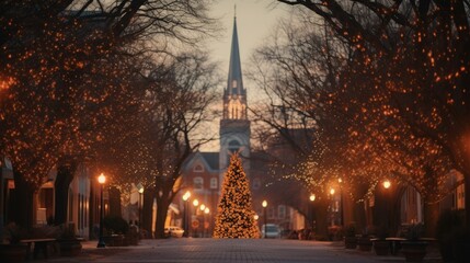 City Christmas Charm a city street adorned with warm Christmas lights and a majestic tree, with a serene church forming a picturesque