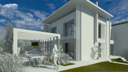 Modellazione 3D  di un edificio residenziale tutto bianco con erba e cielo colorato