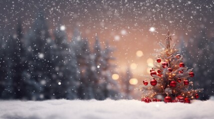 A beautifully adorned Christmas tree standing tall amidst a snowy forest, casting a warm, inviting glow against the winter chill.