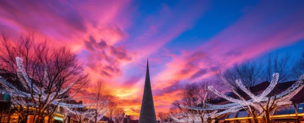 Foto auf Acrylglas A Christmas Eve Christmas scene featuring a tall, illuminated tree set against a breathtaking twilight sky painted in hues of pink and purple. © พงศ์พล วันดี
