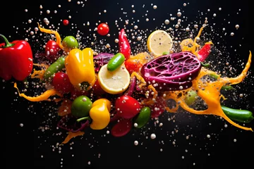 Keuken spatwand met foto a group of vegetables in a splash of water on a dark background, fresh and healthy food © soleg