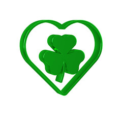 Green Heart with clover trefoil leaf icon isolated on transparent background. Happy Saint Patricks...