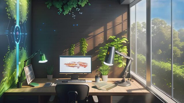 work space atmosphere with a computer in a mix of futuristic and natural style. 3D Cartoon painting illustration style. seamless looping 4K time-lapse virtual video animation.