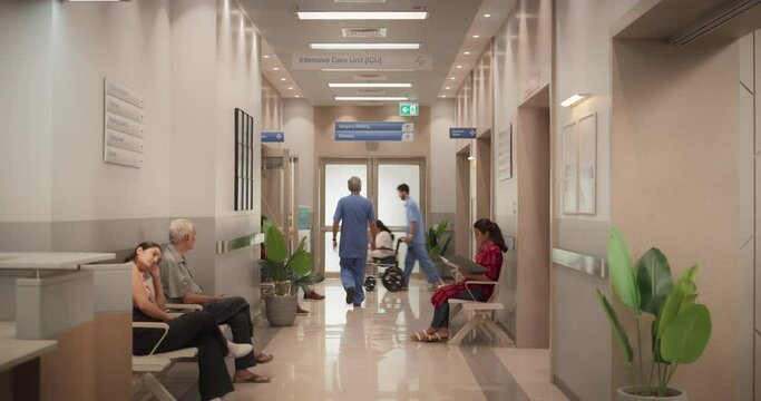 Timelapse Shot of Active Local Indian Health Clinic Corridor, Representing Modern and Advanced Healthcare Services with Nurses and Doctors. Diverse Patients Waiting in Reception Hall in a Hospital