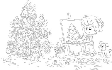 Happy little girl with her merry pup drawing a beautiful Christmas tree decorated with holiday toys, balls and sweets, black and white outline vector cartoon illustration for a coloring book