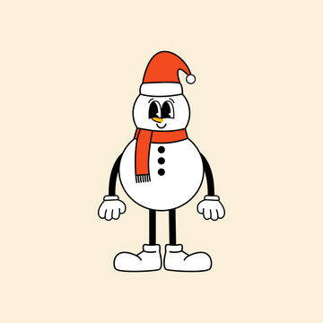 Cute snowman in groovy retro style. Vector illustration in isolated background. Vintage mascot christmas character