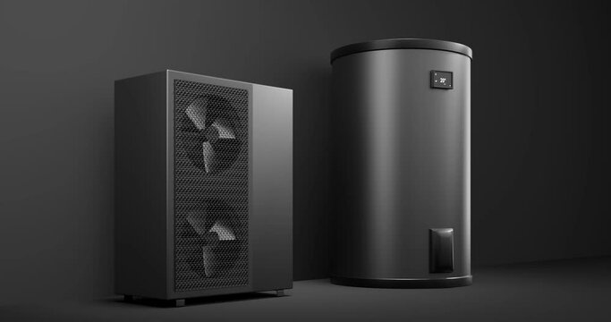rotating fan of a heat pump energy as a heater and alternative energy with storage tank - 3D Animation 4k 60 fps DCI seamless loop