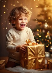 Fototapeta na wymiar A cute boy is looking forward to unwrapping Christmas presents. The boy holds a gift in his hands. Generative AI.