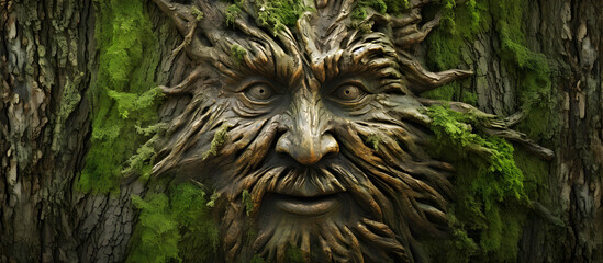 tree trunk with green man face. AI generated. - obrazy, fototapety, plakaty